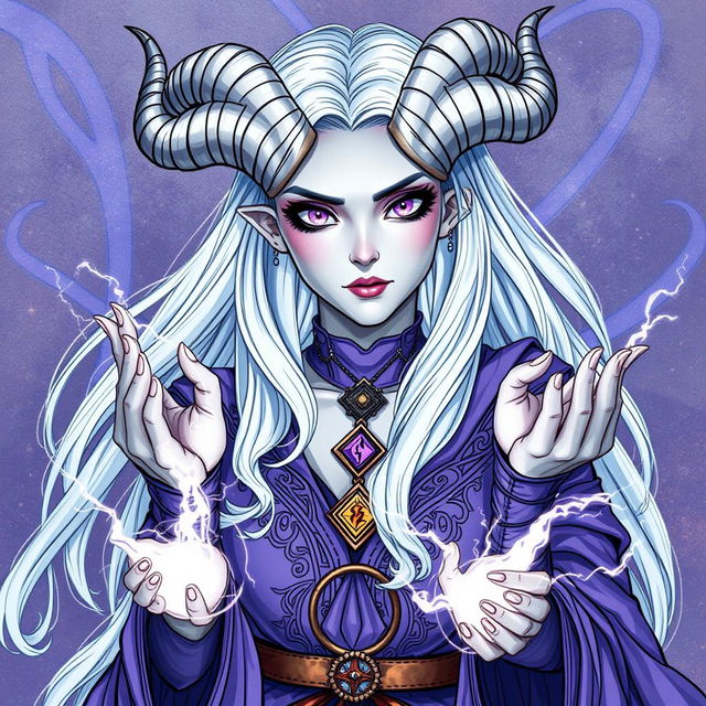 An illustration of a beautiful tiefling sorceress from Dungeons & Dragons, represented in a detailed drawing style