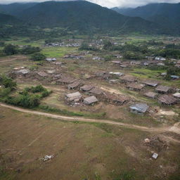 In the wake of the colossal tsunami, the countryside village is left in ruins. All rustic houses are utterly destroyed, their fragments strewn across what used to be peaceful farmland