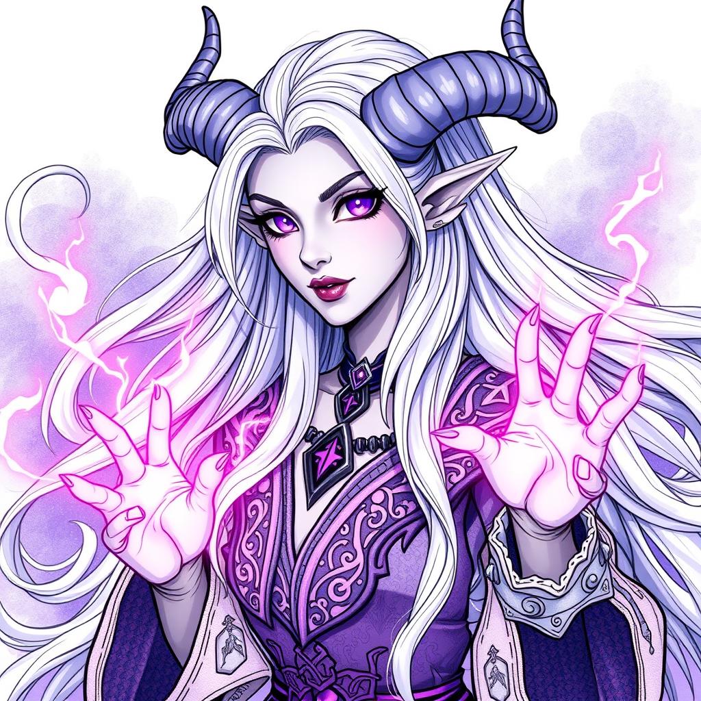 An illustration of a beautiful tiefling sorceress from Dungeons & Dragons, represented in a detailed drawing style