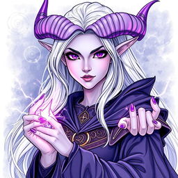 An illustration of a beautiful tiefling sorceress from Dungeons & Dragons, represented in a detailed drawing style