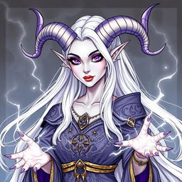 An illustration of a beautiful tiefling sorceress from Dungeons & Dragons, represented in a detailed drawing style