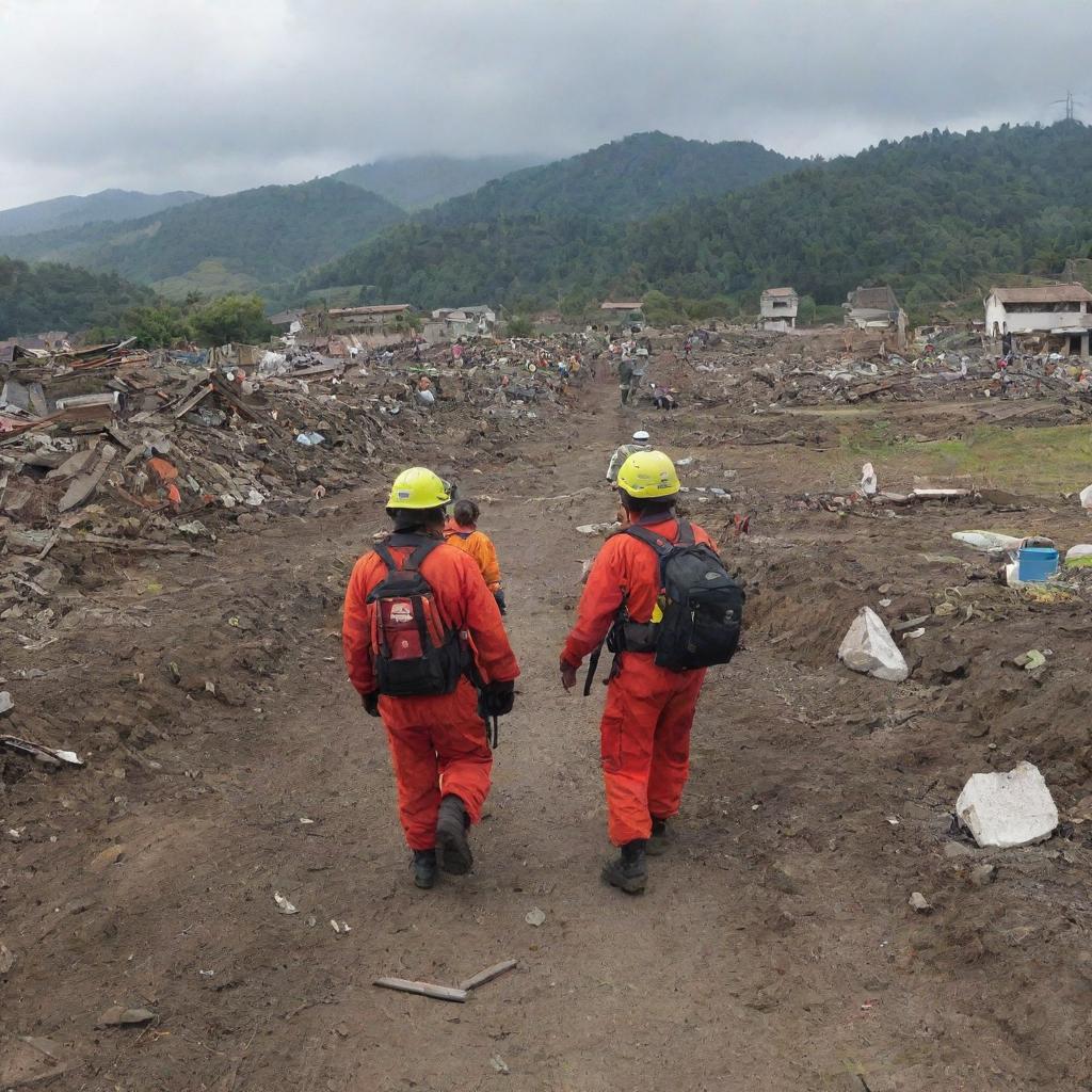 Following the destruction of the countryside village by the tsunami, rescue teams arrive for evacuation. Amidst the ruins, they work diligently, bringing hope to the devastated landscape