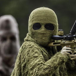 A stealthy sniper blended into his surroundings with a Ghillie suit, concealed further by a chilling skeleton face mask.