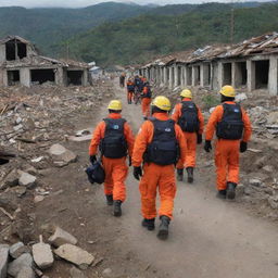 Following the destruction of the countryside village by the tsunami, rescue teams arrive for evacuation. Amidst the ruins, they work diligently, bringing hope to the devastated landscape