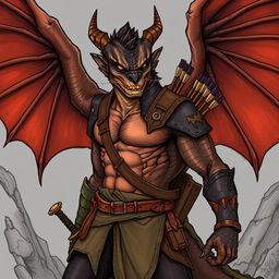 An illustration of a fierce draconian ranger inspired by Dungeons & Dragons, rendered in a detailed drawing style