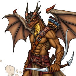 An illustration of a fierce draconian ranger inspired by Dungeons & Dragons, rendered in a detailed drawing style
