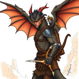 An illustration of a fierce draconian ranger inspired by Dungeons & Dragons, rendered in a detailed drawing style