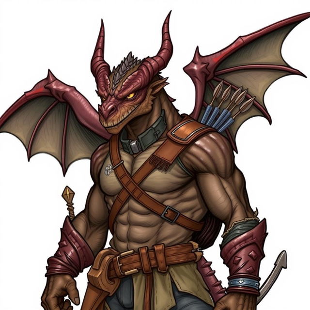 An illustration of a fierce draconian ranger inspired by Dungeons & Dragons, rendered in a detailed drawing style