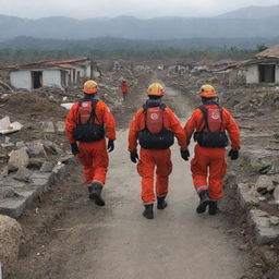 Following the destruction of the countryside village by the tsunami, rescue teams arrive for evacuation. Amidst the ruins, they work diligently, bringing hope to the devastated landscape