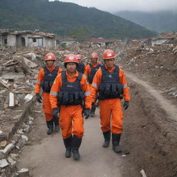 Following the destruction of the countryside village by the tsunami, rescue teams arrive for evacuation. Amidst the ruins, they work diligently, bringing hope to the devastated landscape