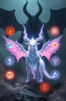 A breathtaking scene featuring a glowing pheomox in lavender and white colors, surrounded by eight radiant runes representing fire, water, earth, spirit, air, nature, light, and darkness
