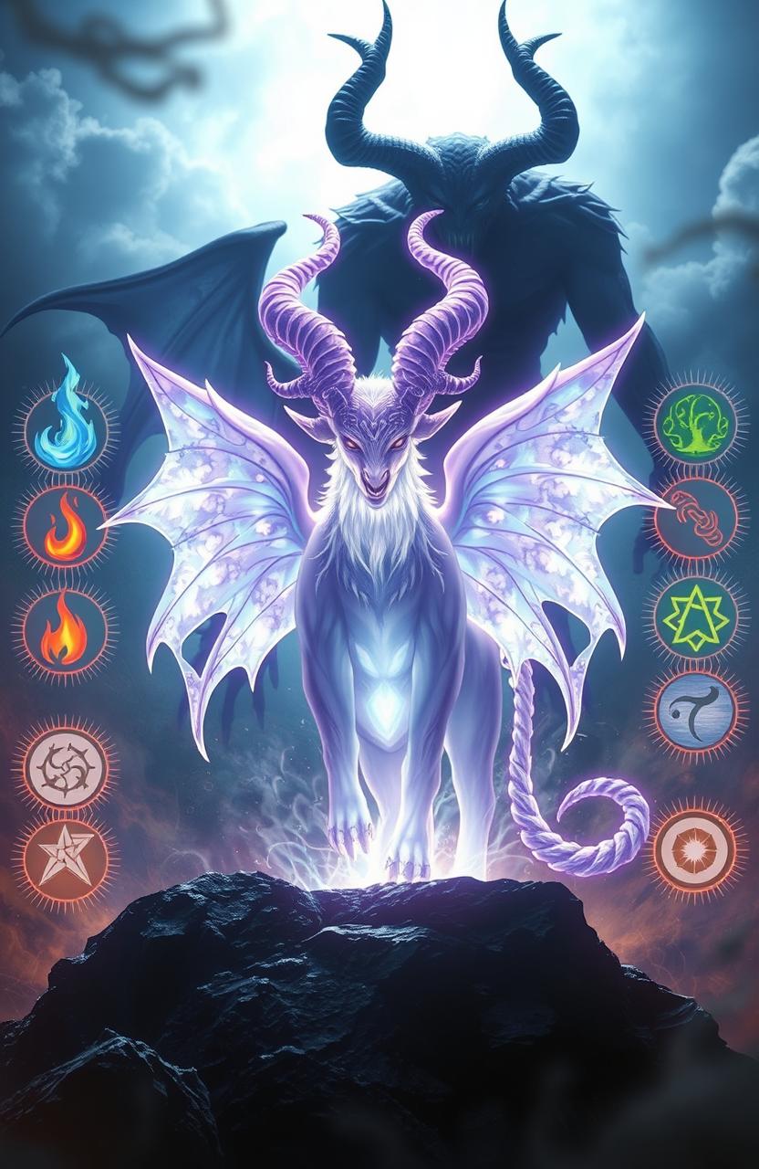 A breathtaking scene featuring a glowing pheomox in lavender and white colors, surrounded by eight radiant runes representing fire, water, earth, spirit, air, nature, light, and darkness