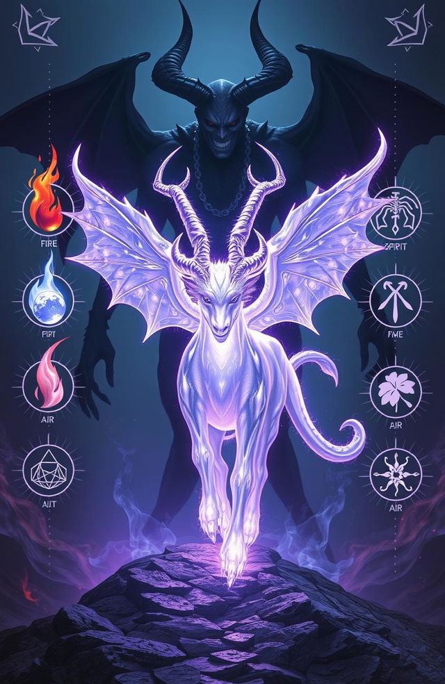 A breathtaking scene featuring a glowing pheomox in lavender and white colors, surrounded by eight radiant runes representing fire, water, earth, spirit, air, nature, light, and darkness