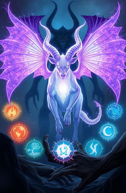 A breathtaking scene featuring a glowing pheomox in lavender and white colors, surrounded by eight radiant runes representing fire, water, earth, spirit, air, nature, light, and darkness