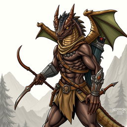 An illustration of a fierce draconian ranger from Dungeons & Dragons, depicted in a detailed drawing style