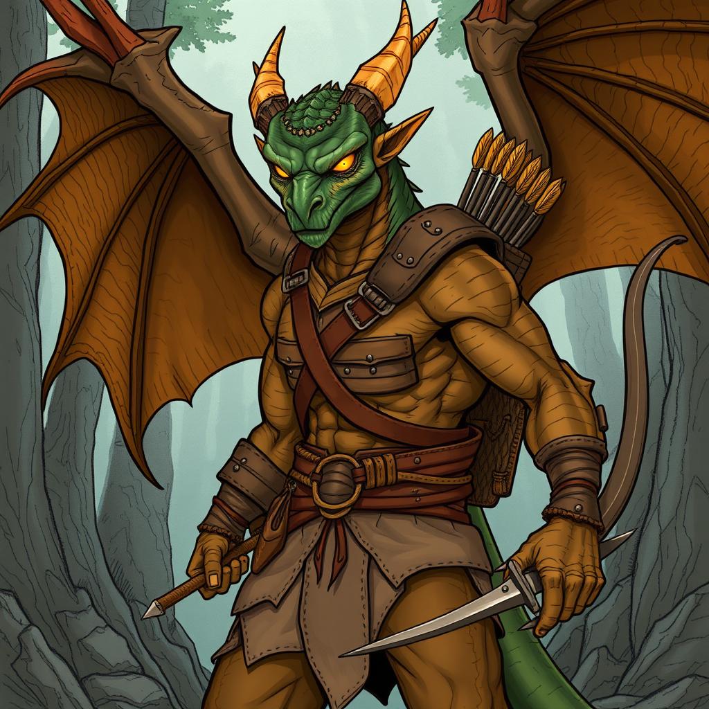 An illustration of a fierce draconian ranger from Dungeons & Dragons, depicted in a detailed drawing style