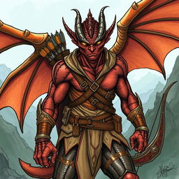 An illustration of a fierce draconian ranger from Dungeons & Dragons, depicted in a detailed drawing style