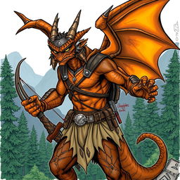 An illustration of a fierce draconian ranger from Dungeons & Dragons, depicted in a detailed drawing style