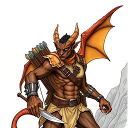 An illustration of a fierce draconian ranger from Dungeons & Dragons, captured in a detailed drawing style