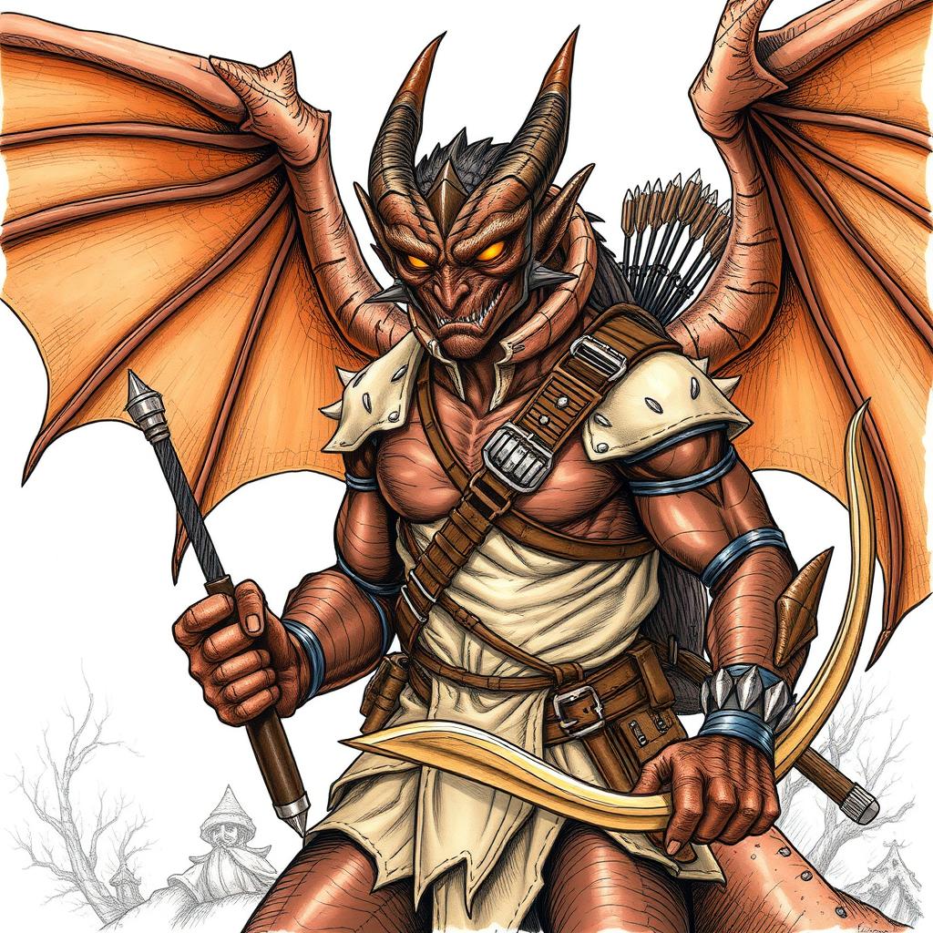 An illustration of a fierce draconian ranger from Dungeons & Dragons, captured in a detailed drawing style