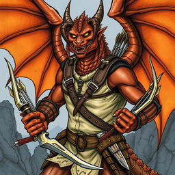 An illustration of a fierce draconian ranger from Dungeons & Dragons, captured in a detailed drawing style