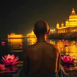 A serene book cover featuring the back of a woman with her head tonsured, sitting peacefully on the banks of the Ganges River