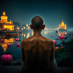 A serene book cover featuring the back of a woman with her head tonsured, sitting peacefully on the banks of the Ganges River