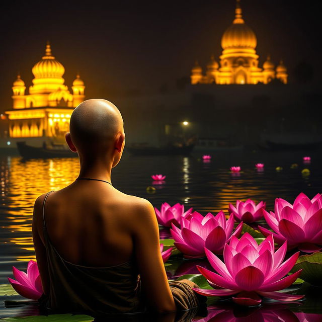 A serene book cover featuring the back of a woman with her head tonsured, sitting peacefully on the banks of the Ganges River