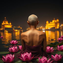 A serene book cover featuring the back of a woman with her head tonsured, sitting peacefully on the banks of the Ganges River