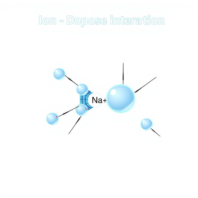 A visually stunning and informative illustration of the ion-dipole interaction, showcasing a water molecule (H2O) with its polar nature and a sodium ion (Na+) in close proximity