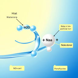 A visually stunning and informative illustration of the ion-dipole interaction, showcasing a water molecule (H2O) with its polar nature and a sodium ion (Na+) in close proximity