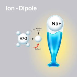 A visually stunning and informative illustration of the ion-dipole interaction, showcasing a water molecule (H2O) with its polar nature and a sodium ion (Na+) in close proximity