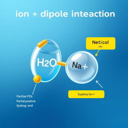 A visually stunning and informative illustration of the ion-dipole interaction, showcasing a water molecule (H2O) with its polar nature and a sodium ion (Na+) in close proximity