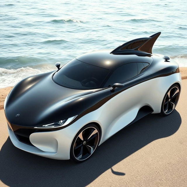 A sleek, futuristic car designed to resemble an orca whale, featuring smooth, curvy lines and a glossy black and white finish