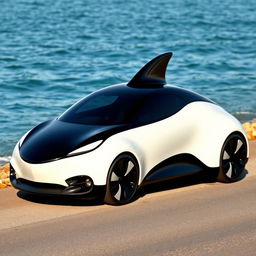 A sleek, futuristic car designed to resemble an orca whale, featuring smooth, curvy lines and a glossy black and white finish