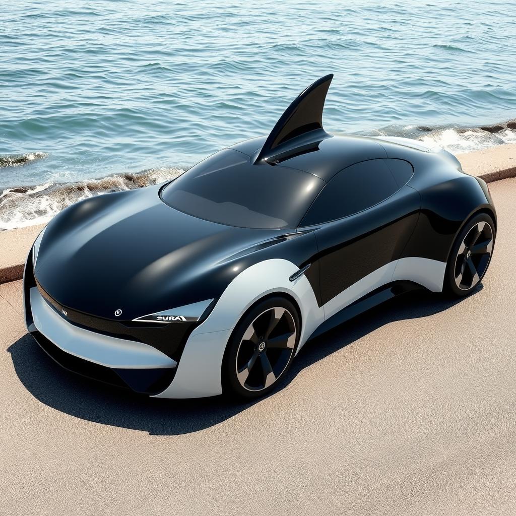 A sleek, futuristic car designed to resemble an orca whale, featuring smooth, curvy lines and a glossy black and white finish