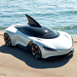 A sleek, futuristic car designed to resemble an orca whale, featuring smooth, curvy lines and a glossy black and white finish