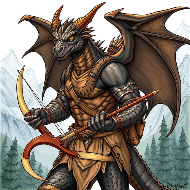 An illustration of a fierce draconian ranger from Dungeons & Dragons, showcased in a striking drawing style