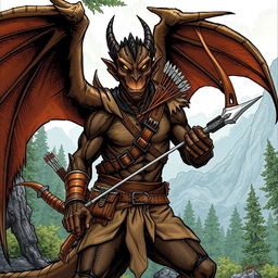An illustration of a fierce draconian ranger from Dungeons & Dragons, showcased in a striking drawing style