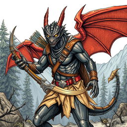 An illustration of a fierce draconian ranger from Dungeons & Dragons, showcased in a striking drawing style