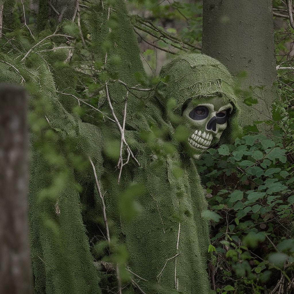 A stealthy sniper blended into his surroundings with a Ghillie suit, concealed further by a chilling skeleton face mask.