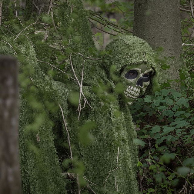 A stealthy sniper blended into his surroundings with a Ghillie suit, concealed further by a chilling skeleton face mask.