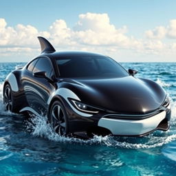 A creative concept of a car designed to resemble an orca whale, featuring a sleek, glossy black body with white patches mimicking the orca's coloration