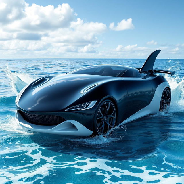 A creative concept of a car designed to resemble an orca whale, featuring a sleek, glossy black body with white patches mimicking the orca's coloration