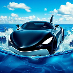 A creative concept of a car designed to resemble an orca whale, featuring a sleek, glossy black body with white patches mimicking the orca's coloration