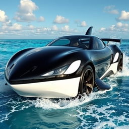 A creative concept of a car designed to resemble an orca whale, featuring a sleek, glossy black body with white patches mimicking the orca's coloration