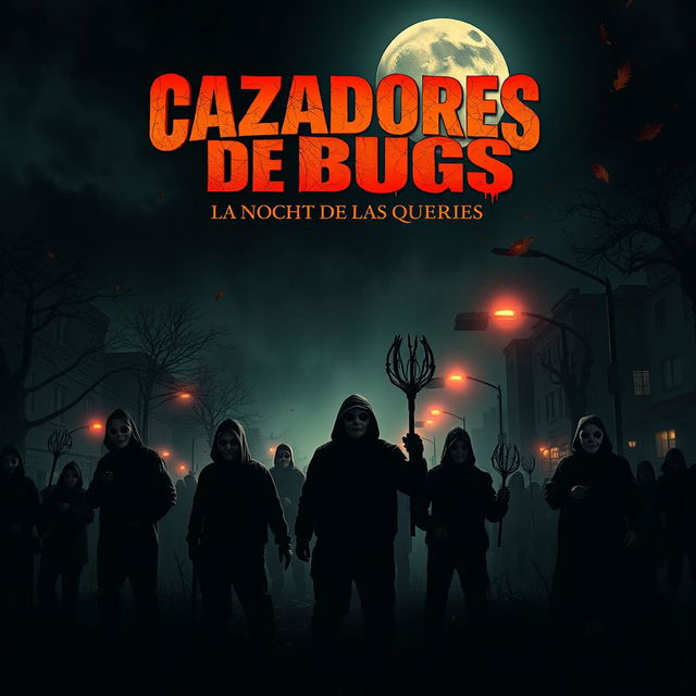 Movie poster for 'Cazadores de Bugs: La Noche de las Queries', a Halloween-themed film inspired by 'The Purge'