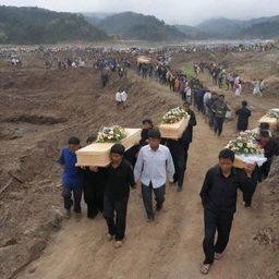 In the aftermath of the tsunami, a somber scene unfolds. The villagers carry coffins containing their lost loved ones, heading off to the local cemetery for a dignified farewell amidst the devastation