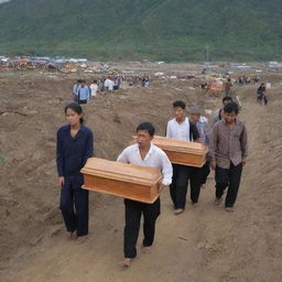 In the aftermath of the tsunami, a somber scene unfolds. The villagers carry coffins containing their lost loved ones, heading off to the local cemetery for a dignified farewell amidst the devastation