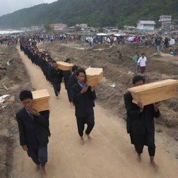 In the aftermath of the tsunami, a somber scene unfolds. The villagers carry coffins containing their lost loved ones, heading off to the local cemetery for a dignified farewell amidst the devastation